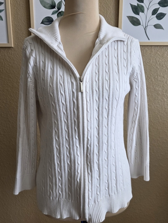 Chaps Other - Chaps Cream Cable-knit Full-zip Cardigan Sweater Preppy School Uniform Sz L